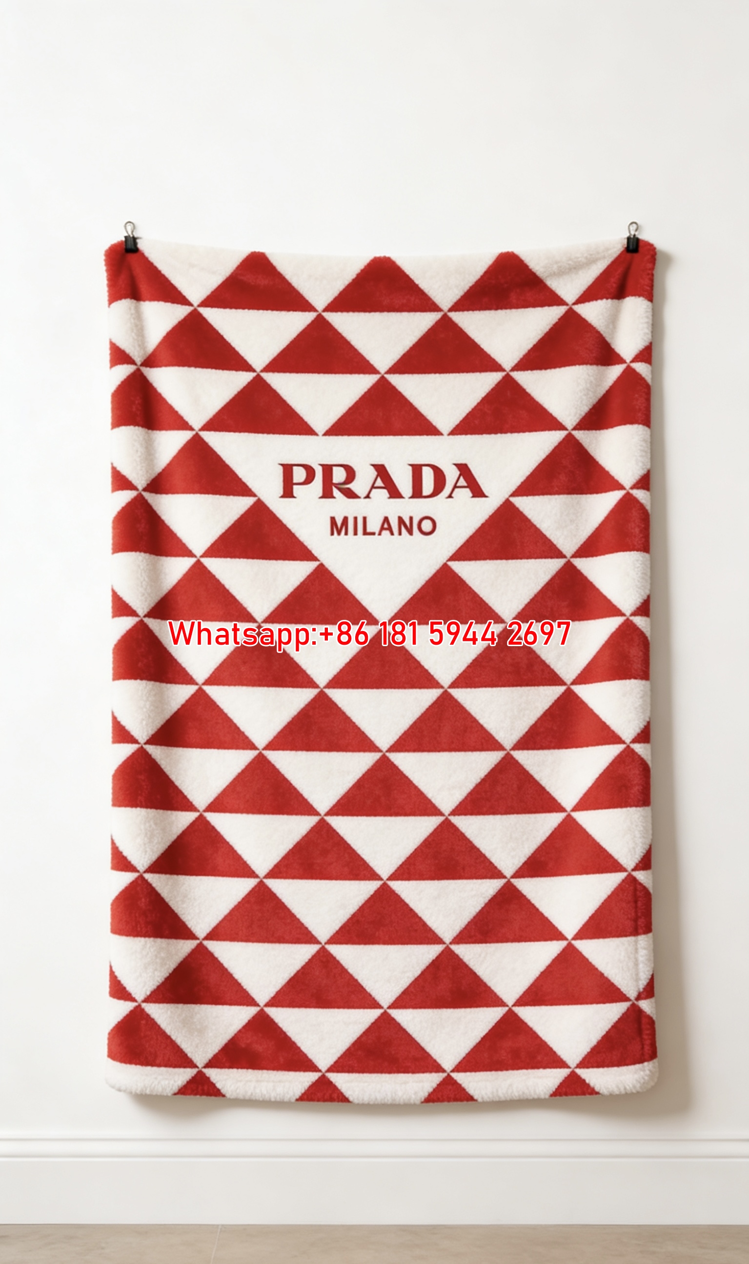 Prada Milano Red White Triangle Pattern Fleece Sofa Throw Blanket Printed Wall Decor IMG_2717